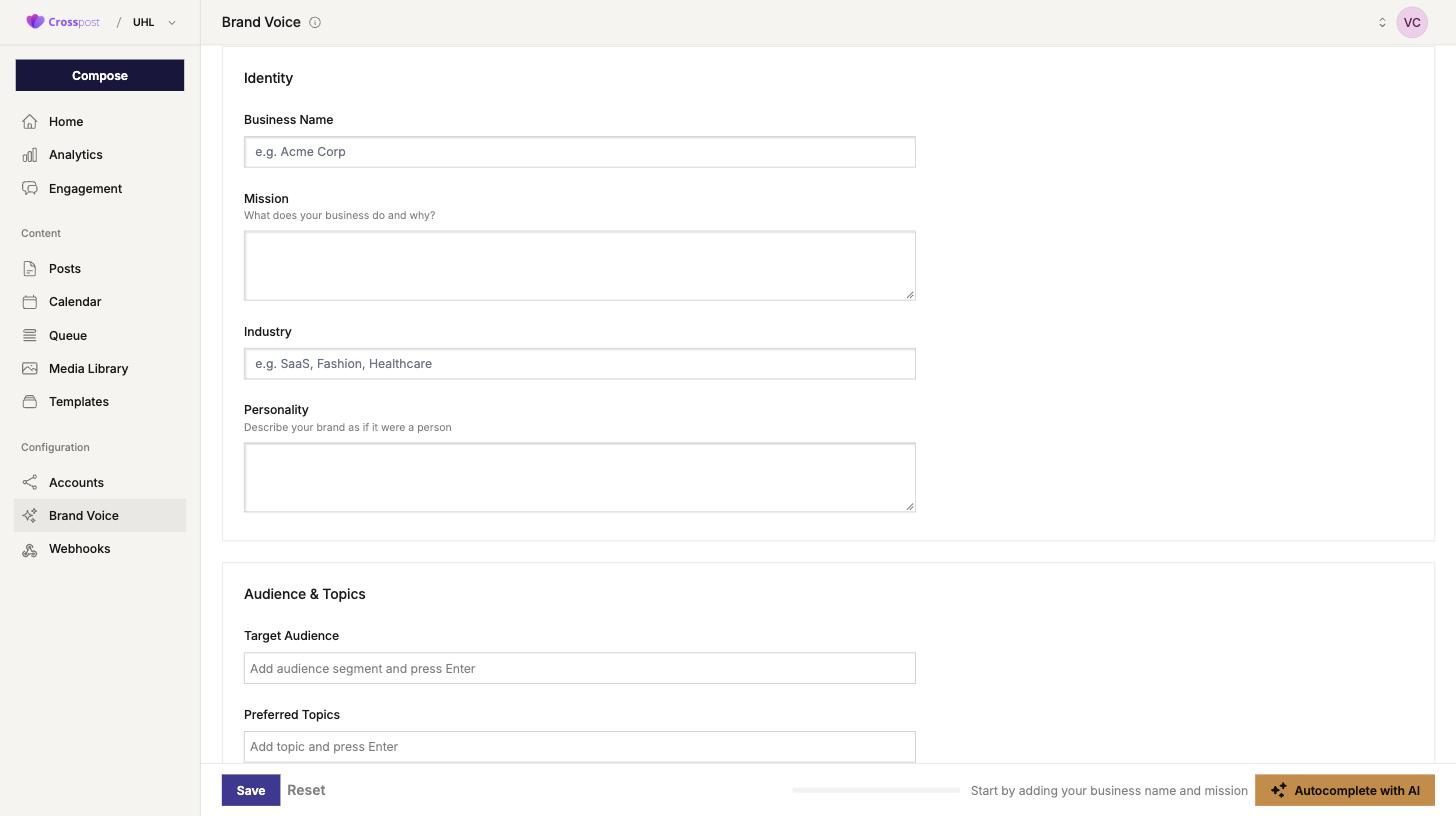The CrossPost Brand Voice form with fields for business name, mission, industry, personality, target audience and preferred topics, and an Autocomplete with AI button