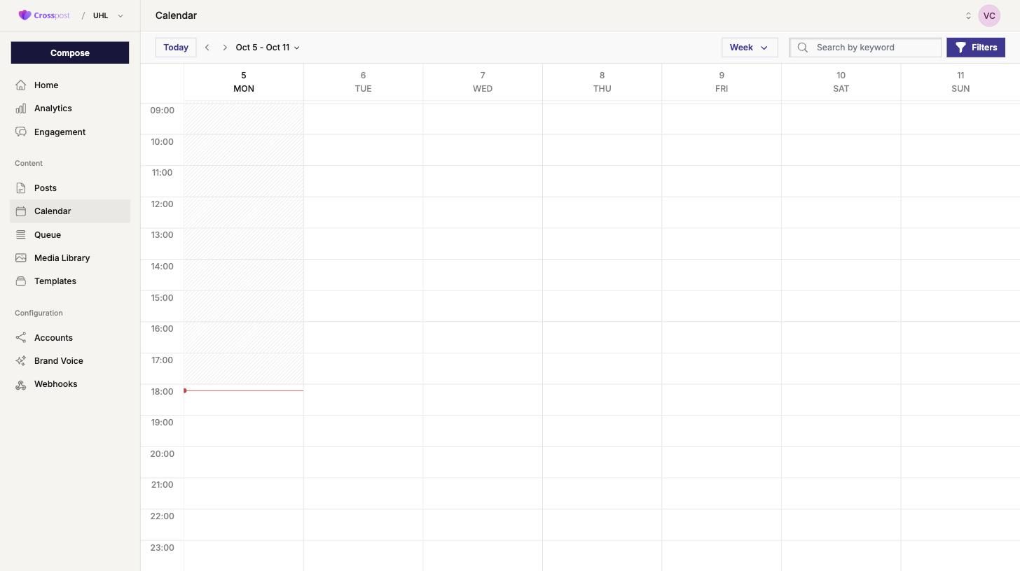 The CrossPost Calendar in week view showing Monday to Sunday as columns with hourly rows, the current time marker, a keyword search box and a Filters button