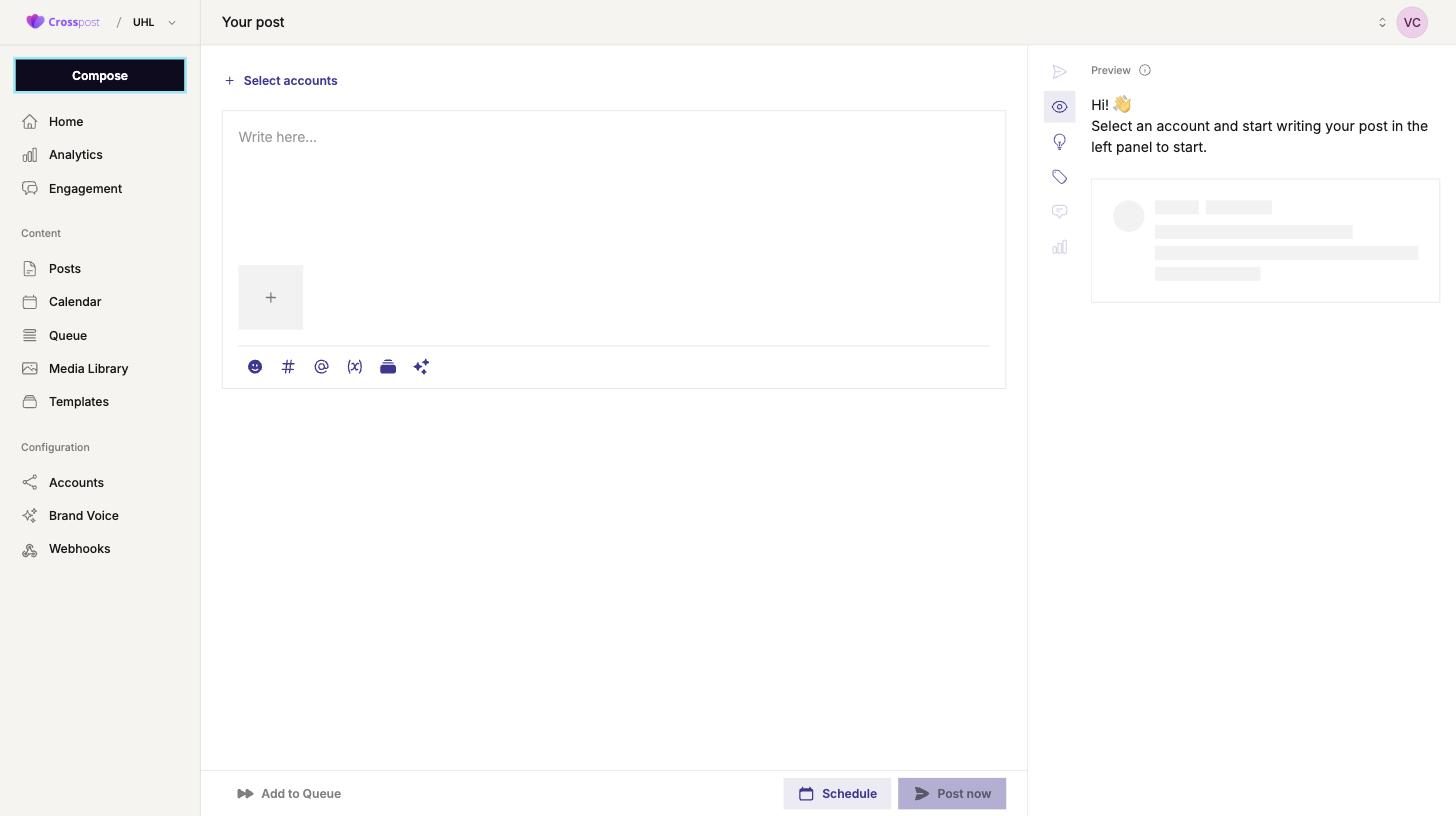 The CrossPost Compose screen with the account selector, an empty editor, the formatting toolbar and the Add to Queue, Schedule and Post now buttons