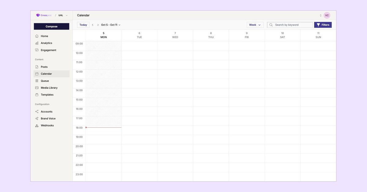 Plan a week of social media in one sitting with the calendar and queue